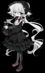 Rule 34 | 1girl, black background, black bow, black dress, black eyes, black headdress, black thighhighs, bone print, bow, colored skin, commentary request, commission, creature, dress, frilled dress, frilled sleeves, frills, full body, goth fashion, gothic lolita, halo, heterochromia, highres, holding, lolita fashion, long hair, meyou 0319, original, red bow, red footwear, solo, thighhighs, twintails, very long hair, white eyes, white hair, white skin