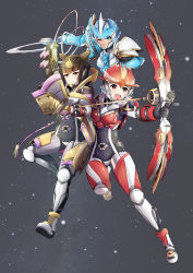 Rule 34 | 3girls, absurdres, armor, blue eyes, bow, bow (weapon), breastplate, fang, full body, gun, helmet, highres, holding, holding bow (weapon), holding gun, holding weapon, mecha musume, multiple girls, one eye closed, open mouth, original, personification, red eyes, serious, sky, smile, star (sky), starry sky, starry sky print, sudhiro sappurisa, teeth, weapon, yellow eyes