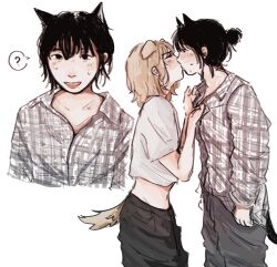 2girls ? aespa animal_ears black_hair black_pants blonde_hair blush cat_ears cat_girl cat_tail commentary delusional965 dog_ears dog_girl dog_tail english_commentary grey_pants grey_shirt hair_bun highres k-pop karina_(aespa) kemonomimi_mode kiss long_sleeves medium_hair multiple_girls pants plaid_clothes plaid_shirt real_life shirt short_sleeves simple_background spoken_question_mark sweatdrop tail white_background white_shirt winter_(aespa) yuri