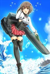 Rule 34 | 10s, 1girl, aircraft, airplane, baretto (karasi07), blue sky, boots, brown eyes, brown hair, contrail, day, kantai collection, machinery, ocean, open mouth, outdoors, pleated skirt, red skirt, short hair, shorts, shorts under skirt, skirt, sky, solo, splashing, taihou (kancolle), thigh boots, thighhighs, walking, walking on liquid, water, waves, zettai ryouiki