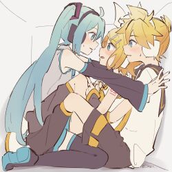 Rule 34 | 1boy, 2girls, bare shoulders, bisexual female, blonde hair, blue eyes, blue hair, blush, box, boy and girl sandwich, commentary, detached sleeves, eye contact, hair ornament, hair ribbon, hairclip, hatsune miku, headphones, highres, in box, in container, kabedon, kagamine len, kagamine rin, long hair, looking at another, love triangle, m0ti, multiple girls, ribbon, sailor collar, sandwiched, short hair, shorts, shoulder tattoo, siblings, tattoo, thighhighs, twins, twintails, very long hair, vocaloid, white ribbon