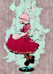 Rule 34 | 1girl, aoki shin, boots, brown footwear, dress, closed eyes, floating, floating hair, from side, full body, head down, knee boots, long sleeves, maid, original, pink hair, ponytail, profile, red dress, solo
