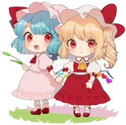 Rule 34 | 2girls, :&lt;, :d, artist name, ascot, bad id, bad twitter id, blonde hair, blue hair, blush, bow, chibi, commentary request, dated, dress, fang, flandre scarlet, frilled shirt collar, frills, full body, gotou (nekocat), hat, hat bow, hat ribbon, holding, holding hands, long hair, looking at viewer, multiple girls, one side up, open mouth, pink dress, pink hat, pointy ears, puffy short sleeves, puffy sleeves, red ascot, red bow, red eyes, red footwear, red ribbon, red skirt, red vest, remilia scarlet, ribbon, shirt, shoes, short hair, short sleeves, siblings, signature, simple background, sisters, skirt, skirt set, smile, socks, standing, touhou, vest, white background, white hat, white legwear, white shirt, wrist cuffs, yellow ascot