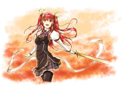 Rule 34 | 10s, 1girl, black skirt, black thighhighs, collar, hair ribbon, holding, holding sword, holding weapon, long hair, open mouth, rakudai kishi no cavalry, red eyes, red hair, ribbon, skirt, solo, sougetsu (picture01234), stella vermillion, sword, thighhighs, weapon, yellow ribbon, zettai ryouiki
