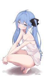 Rule 34 | 1girl, ahoge, alternate hair color, aqua eyes, barefoot, blue hair, bow, commentary request, dress, feet, hair bow, hair ribbon, long hair, looking at viewer, mimelond, original, parted lips, ribbon, simple background, solo, squatting, twintails, white background, white dress