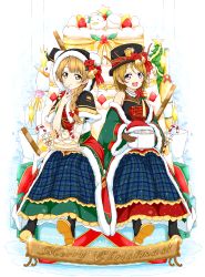Rule 34 | 10s, 2girls, bad id, bad pixiv id, bell, braid, brown eyes, brown gloves, brown hair, cake, candy, candy cane, capelet, food, gloves, hat, karamoneeze, koizumi hanayo, long hair, looking at viewer, love live!, love live! school idol festival, love live! school idol project, merry christmas, minami kotori, multiple girls, off shoulder, open mouth, pink eyes, shirt, sitting, skirt, smile