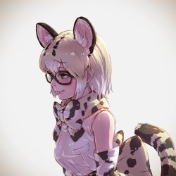 Rule 34 | 10s, 1girl, animal ear fluff, animal ears, bad id, bad twitter id, black-framed eyewear, blonde hair, blood, bow, bowtie, cat ears, cat tail, closed mouth, from side, furrowed brow, glasses, green eyes, highres, kemono friends, margay (kemono friends), nosebleed, shirt, sleeveless, sleeveless shirt, smile, solo, striped tail, tail, tail raised, takami masahiro, upper body, white hair, white shirt