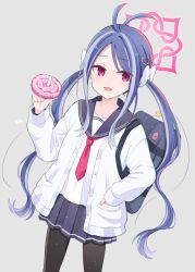 Rule 34 | 1girl, :3, alternate costume, antenna hair, bag, black pantyhose, blue archive, blue hair, blue sailor collar, bow, cardigan, collarbone, doughnut, dutch angle, food, fubuki (blue archive), hair bow, hair ornament, halo, heart, heart hair ornament, index finger raised, light blush, long hair, looking at viewer, low twintails, multicolored hair, multiple hair bows, neckerchief, old-fashioned doughnut, open cardigan, open clothes, open mouth, pantyhose, pink eyes, pleated skirt, red neckerchief, sailor collar, school bag, school uniform, serafuku, sidelocks, skirt, sleeves past wrists, solo, streaked hair, swept bangs, twintails, white bow, white cardigan, white hair, white serafuku, yama ymst