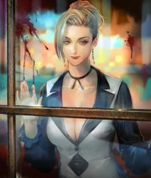 Rule 34 | 1girl, blonde hair, blood, breasts, choker, cleavage, earrings, jewelry, mature (kof), nao3art, snk, solo, the king of fighters, updo, upper body, window