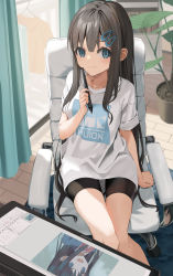 Rule 34 | 1girl, bike shorts, black hair, blue eyes, chair, closed mouth, curtains, hair ornament, hairclip, highres, holding, holding stylus, leaf, long hair, looking at viewer, motto (night wear), open mouth, original, plant, potted plant, sitting, sleeves rolled up, smile, stylus, window