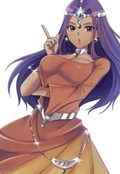 1girl :o breasts brown_eyes cleavage commentary dragon_quest dragon_quest_iv dress earrings glint hand_on_own_arm highres index_finger_raised jewelry long_hair looking_at_viewer medium_breasts metal_belt minea_(dq4) ogawa_(ogwckw) open_mouth orange_dress purple_hair silver_choker simple_background solo very_long_hair