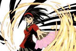 Rule 34 | 1girl, absurdres, amagi yukiko, aran sweater, black hair, black pantyhose, cable knit, closed mouth, cowboy shot, fire, fire, hair between eyes, hairband, hand fan, highres, holding, holding fan, houndstooth, jetber, long hair, looking at viewer, miniskirt, neckerchief, pantyhose, persona, persona 4, pleated skirt, red hairband, red sweater, school uniform, skirt, solo, standing, sweater, v-shaped eyebrows, yasogami school uniform, yellow eyes, yellow neckerchief