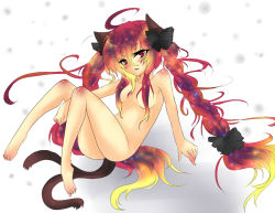Rule 34 | 1girl, animal ears, ass, bad id, bad pixiv id, braid, breasts, cat ears, cat girl, cat tail, female focus, full body, gradient background, gradient hair, kaenbyou rin, long hair, multicolored hair, multiple tails, nanato, nude, solo, tail, touhou, twin braids, twintails, white background