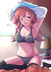 Rule 34 | 1girl, absurdres, armpits, arms behind head, arms up, black thighhighs, blanket, blurry, blurry background, blush, bra, breasts, changing clothes, checkered blanket, cleavage, collarbone, commentary request, ginmugi, grey bra, grey panties, hair between eyes, hair flaps, highres, idolmaster, idolmaster shiny colors, indoors, komiya kaho, lamp, long hair, looking at viewer, medium breasts, morning, navel, on bed, one eye closed, open mouth, panties, red eyes, red hair, shirt, sidelocks, sitting, sleepy, solo, squeans, stomach, tearing up, thighhighs, thighs, training bra, underwear, wavy mouth, white shirt, window, yawning
