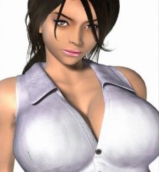 Rule 34 | 1girl, 3d, bare shoulders, black hair, breasts, brown eyes, cleavage, dark-skinned female, dark skin, dr. sugimoto&#039;s lecherous treatment, facing viewer, large breasts, lipstick, long hair, looking at viewer, lowres, makeup, shirt, simple background, sleeveless, sleeveless shirt, solo, sugimoto shouko, tan, umemaro, upper body, white background