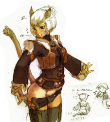 Rule 34 | 00s, 1boy, 1girl, animal ears, blush, branch (blackrabbits), cat ears, cat girl, cat tail, clothes pull, final fantasy, final fantasy xi, green eyes, mithra (ff11), pants, pants pull, pulling own clothes, shorts, shorts pull, shorts tan, sketch, tail, tan, tanline, thighhighs, white background, white hair