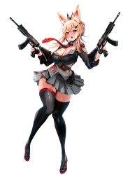 Rule 34 | 1girl, absurdres, animal ears, bandaid, belt, black thighhighs, blonde hair, blush, breasts, cleavage, dual wielding, fang, fox ears, full body, gun, hair ornament, hairclip, highres, holding, holding gun, holding weapon, looking at viewer, nail polish, necktie, open mouth, original, pleated skirt, red nails, simple background, skirt, solo, teeth, thighhighs, tongue, weapon, white background, zerocat