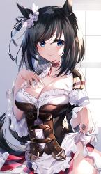 Rule 34 | 1girl, 40 (0f0urw), absurdres, animal ears, black hair, blush, bodice, breasts, cleavage, commentary request, cowboy shot, dress, eishin flash (umamusume), groin, hand on own chest, highres, horse ears, horse girl, lifting own clothes, long sleeves, looking at viewer, medium breasts, medium hair, no panties, smile, solo, umamusume, white dress