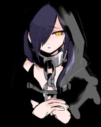 Rule 34 | 1girl, black background, chain, cloak, collar, hair over one eye, highres, hood, hood up, long hair, looking at viewer, original, own hands together, parted lips, purple hair, samekomusousaku, sketch, solo, upper body, yellow eyes