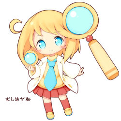 Rule 34 | 1girl, aikei ake, blonde hair, blue necktie, blush, chibi, closed mouth, full body, highres, jacket, kneehighs, long hair, looking at viewer, magnifying glass, necktie, open clothes, open jacket, original, personification, pleated skirt, red skirt, red socks, simple background, skirt, smile, socks, solo, sweater, translation request, turtleneck, turtleneck sweater, white background, white jacket, yellow footwear, yellow sweater