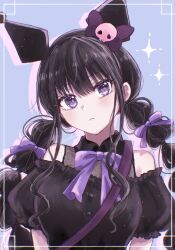 Rule 34 | 1girl, black dress, black hair, blue background, blush, bow, bowtie, braid, closed mouth, collared dress, dress, frilled dress, frills, hair between eyes, hair bow, head tilt, highres, inoue takina, kuromi, long hair, looking at viewer, lycoris recoil, off-shoulder dress, off shoulder, onegai my melody, pine (pineapple5459), puffy short sleeves, puffy sleeves, purple bow, purple bowtie, purple eyes, sanrio, shadow, short sleeves, sidelocks, skull, solo, sparkle, twin braids, upper body