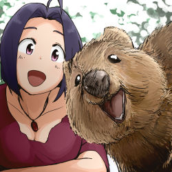 Rule 34 | 1girl, ahoge, animal, animal focus, annko, blurry, bokeh, breasts, cleavage, collarbone, commentary request, depth of field, hair intakes, highres, idolmaster, idolmaster (classic), jewelry, looking at another, miura azusa, necklace, quokka, red shirt, shirt, short sleeves, smile, tareme