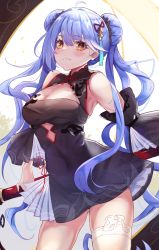 Rule 34 | 1girl, :3, ahoge, armpits, azur lane, bare shoulders, black dress, black sleeves, blue hair, blush, breasts, brown eyes, china dress, chinese clothes, cleavage, cleavage cutout, clothing cutout, commentary, cowboy shot, detached sleeves, double bun, dress, essex (azur lane), essex (brush and ink) (azur lane), gluteal fold, hair between eyes, hair bun, highres, holding, holding paintbrush, large breasts, long hair, looking at viewer, official alternate costume, paintbrush, panipo, sidelocks, single thighhigh, skindentation, sleeveless, sleeveless dress, solo, standing, thighhighs, very long hair, white thighhighs
