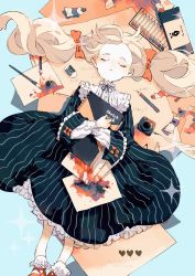 Rule 34 | 1girl, black dress, blonde hair, blue background, book, bow, dress, eraser, closed eyes, freckles, frills, hair bow, heart, higashino, highres, holding, holding book, inkwell, long sleeves, lying, on back, orange bow, original, paint, paint tube, paintbrush, paper, pencil, quill, red footwear, sketchbook, socks, solo, sparkle, tearing up, translation request, twintails, white socks