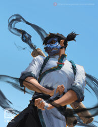 Rule 34 | 1boy, black hair, blue sky, cowboy shot, day, from below, highres, kan liu (666k), looking to the side, male focus, mask, original, outdoors, patreon username, ponytail, seal impression, shirt, short hair, sky, solo, standing, toned, toned male, white shirt