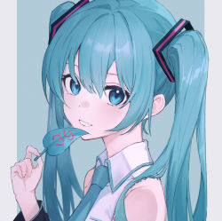 Rule 34 | 1girl, 39, :d, aqua hair, bare shoulders, blue background, blue eyes, blue necktie, blush, collared shirt, from side, grin, hatsune miku, holding, holding leaf, leaf, long hair, looking at viewer, looking to the side, necktie, open mouth, parted lips, shichi (ratorin53), shirt, simple background, sleeveless, sleeveless shirt, smile, solo, twintails, upper body, vocaloid, white shirt