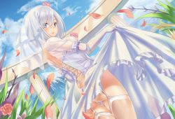 Rule 34 | 10s, 1girl, alternate costume, ass, bad id, bad pixiv id, blue eyes, breasts, bridal veil, clothes lift, cowboy shot, day, dress, dress lift, dutch angle, elbow gloves, eyes visible through hair, flower, from behind, garter straps, gloves, hair ornament, hairclip, hamakaze (kancolle), kantai collection, looking at viewer, looking back, medium breasts, outdoors, petals, plant, see-through, short hair, silver hair, solo, thighhighs, veil, wedding dress, white gloves, white thighhighs, yizhirenben