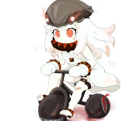 Rule 34 | 10s, 1girl, abyssal ship, bandaid, bandaid on knee, bandaid on leg, blush stickers, colored skin, covering own mouth, dress, enemy aircraft (kancolle), gobanme no mayoi neko, highres, kantai collection, long hair, mittens, northern ocean princess, red eyes, riding, simple background, tricycle, white background, white dress, white hair, white skin