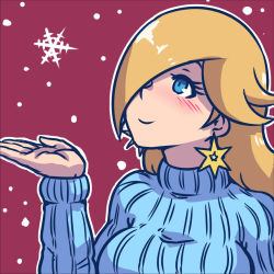 Rule 34 | 1girl, akairiot, blonde hair, blue eyes, blue sweater, blush, earrings, hair over one eye, jewelry, long hair, lowres, mario (series), nintendo, purple background, ribbed sweater, rosalina, simple background, smile, snowflakes, snowing, solo, super mario galaxy, super smash bros., sweater, turtleneck