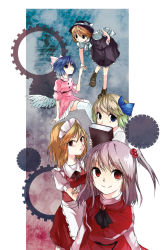 Rule 34 | 5girls, alice margatroid, alice margatroid (pc-98), angel wings, book, covering face, covering own mouth, covering privates, female focus, friends, hair bobbles, hair ornament, holding hands, katayama kei, looking up, mai (touhou), maid, multiple girls, mystic square, shinki (touhou), short hair, side ponytail, thighhighs, touhou, touhou (pc-98), white thighhighs, wings, witch, yuki (touhou), yumeko (touhou)