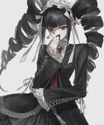 Rule 34 | 1girl, black hair, black nails, bonnet, celestia ludenberg, claw ring, danganronpa: trigger happy havoc, danganronpa (series), drill hair, earrings, frilled jacket, frills, gothic lolita, jacket, jewelry, layered skirt, lolita fashion, long hair, long sleeves, looking at viewer, nail polish, necktie, print necktie, red eyes, red necktie, santadoumi (hunt0z), shirt, skirt, solo, twin drills, twintails