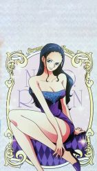 Rule 34 | 1girl, absurdres, arm support, bare legs, bare shoulders, black hair, blue eyes, blue footwear, breasts, character name, cleavage, collarbone, dress, female focus, high heels, highres, large breasts, legs, light smile, long hair, nico robin, official art, one piece, purple dress, shoes, short dress, sitting, sleeveless, sleeveless dress, smile, solo, source request, strapless, strapless dress, thighs