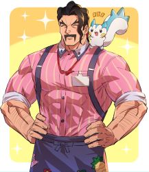 Rule 34 | 1boy, apron, arm hair, border, buttons, closed eyes, collared shirt, commentary request, covered abs, creatures (company), domo (domo kizusuki), facial hair, game freak, gen 4 pokemon, hands on own hips, highres, lanyard, male focus, muscular, muscular male, mustache, nintendo, notice lines, pachirisu, parted lips, pink shirt, pokemon, pokemon (creature), pokemon sv, saguaro (pokemon), shirt, short hair, sparkle, suspenders, thick eyebrows, waist apron, white border, yellow background
