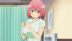 Rule 34 | 1girl, animated, animated gif, anime screenshot, blush, bouncing breasts, breasts, futoku no guild, green eyes, hanabata nohkins, huge breasts, indoors, inverted nipples, jiggle, looking to the side, nipples, pink hair, presenting, screencap, short hair, solo, undressing