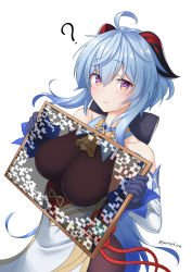 Rule 34 | 1girl, ?, ahoge, akira (sayo dayoo), bare shoulders, blue gloves, blue hair, blush, bodysuit, breasts, closed mouth, commentary request, detached sleeves, fluttering heart illusion, ganyu (genshin impact), genshin impact, gloves, goat horns, highres, horns, large breasts, long hair, long sleeves, looking at viewer, neck bell, purple eyes, simple background, solo, white background
