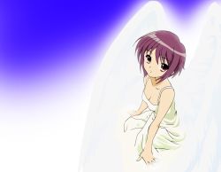 Rule 34 | 00s, 1girl, alternate costume, angel wings, arm support, breasts, brown eyes, cleavage, downblouse, dress, eyebrows, from above, gradient background, looking at viewer, nagato yuki, purple hair, short hair, sitting, sleeveless, sleeveless dress, small breasts, solo, sundress, suzumiya haruhi no yuuutsu, upper body, white dress, white wings, wings