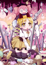 Rule 34 | 10s, 1girl, 54hao, beret, blonde hair, cake, candy, charlotte (madoka magica), corset, drill hair, fingerless gloves, food, gloves, gun, hair ornament, hat, ice cream, long hair, magical girl, magical musket, mahou shoujo madoka magica, mahou shoujo madoka magica (anime), striped clothes, striped thighhighs, thighhighs, tomoe mami, twin drills, twintails, vertical-striped clothes, vertical-striped thighhighs, weapon, witch&#039;s labyrinth, yellow eyes