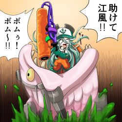 Rule 34 | 1girl, anchor symbol, animalization, chibi, commentary request, crossover, crying, crying with eyes open, fish, gloves, green gloves, green hair, hair ornament, hairclip, hat, holding, kantai collection, long hair, nagato (kancolle), nintendo, open mouth, parody, salmon run (splatoon), splat roller (splatoon), splatoon (series), splatoon 2, tears, tk8d32, translated, yamakaze (kancolle)