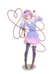Rule 34 | 1girl, atodashi, black hairband, black thighhighs, blue shirt, boots, brown footwear, clenched hand, closed mouth, full body, hairband, heart, heart of string, highres, komeiji satori, long sleeves, looking at viewer, pink eyes, pink hair, pink skirt, shirt, short hair, simple background, skirt, smile, solo, standing, thighhighs, third eye, touhou, white background