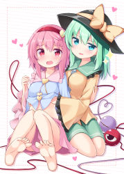 Rule 34 | 2girls, assisted exposure, barefoot, blue eyes, blush, bow, clothes lift, feet, green hair, hairband, hat, hat bow, heart, heart of string, highres, knees together feet apart, komeiji koishi, komeiji satori, lifting another&#039;s clothes, long sleeves, looking at viewer, midriff, multiple girls, ominaeshi (takenoko), open mouth, pink eyes, pink hair, shirt, shirt lift, siblings, sisters, sitting, skirt, smile, soles, third eye, touhou, wide sleeves