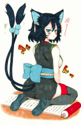 Rule 34 | 1girl, absurdres, animal ears, aqua eyes, ass, ayakashi rumble!, back, blue hair, blush, boots, breasts, cat ears, cat girl, cat tail, commentary request, earrings, highres, japanese clothes, jewelry, large breasts, legs, looking at viewer, mehonobu g, multiple tails, nekomata, rin (ayakashi rumble!), scroll, short hair, sideboob, sitting, slit pupils, solo, tail, thigh boots, thighhighs