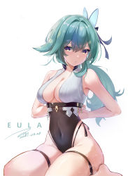 Rule 34 | 1girl, :&lt;, absurdres, aqua hair, arms behind back, bare arms, bare legs, bare shoulders, barefoot, black ribbon, blush, breasts, character name, cleavage, closed mouth, collarbone, covered navel, dated, eula (genshin impact), genshin impact, hair ornament, highleg, highres, janload1ng, looking at viewer, low ponytail, medium breasts, purple eyes, ribbon, simple background, sitting, skindentation, sleeveless, solo, thigh strap, underbust, wariza, white background