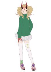 Rule 34 | 1girl, alternate costume, blonde hair, earrings, facial mark, fate/grand order, fate (series), forehead mark, full body, green sweater, highres, horns, ibaraki douji (fate), jewelry, long hair, looking at viewer, mame cs5, medium hair, oni, pointy ears, shoes, skirt, smile, sneakers, solo, sweater, thighhighs, twintails, zettai ryouiki
