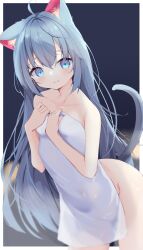 Rule 34 | 1girl, animal ears, blue eyes, blue hair, breasts, cat ears, cat girl, cat tail, covering privates, highres, kyuukon (qkonsan), long hair, looking at viewer, naked towel, nude cover, original, small breasts, smile, tail, towel