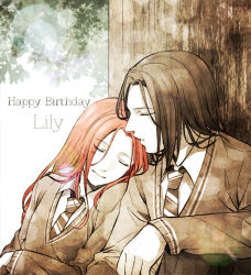 Rule 34 | 1boy, 1girl, aged down, animification, black hair, character name, collared shirt, day, english text, eyelashes, harry potter (series), hogwarts school uniform, jin akhr, leaning on person, leaning to the side, lily evans, long hair, necktie, outdoors, red hair, school uniform, severus snape, shirt, sleeping, striped necktie, wizarding world