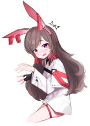 Rule 34 | 1girl, absurdres, animal ears, april (arknights), arknights, arms up, beudelb, brown hair, dress, fang, highres, looking at viewer, purple eyes, rabbit ears, simple background, solo, surprised, thigh strap, white background, white dress